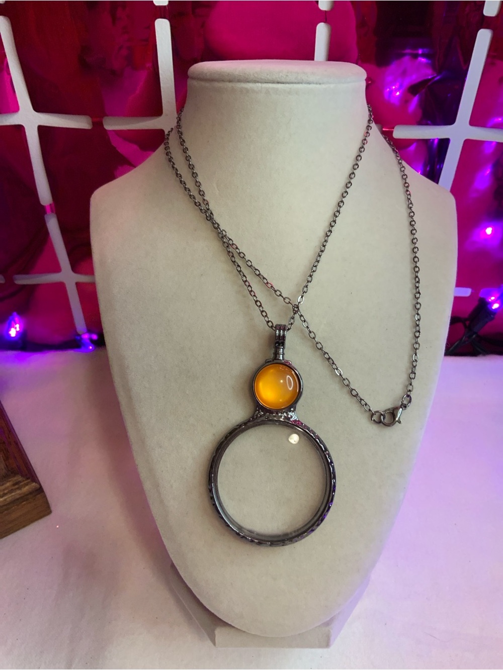 Large Orange and Silver Tone Magnifying Glass 30” Necklace (Z-15)